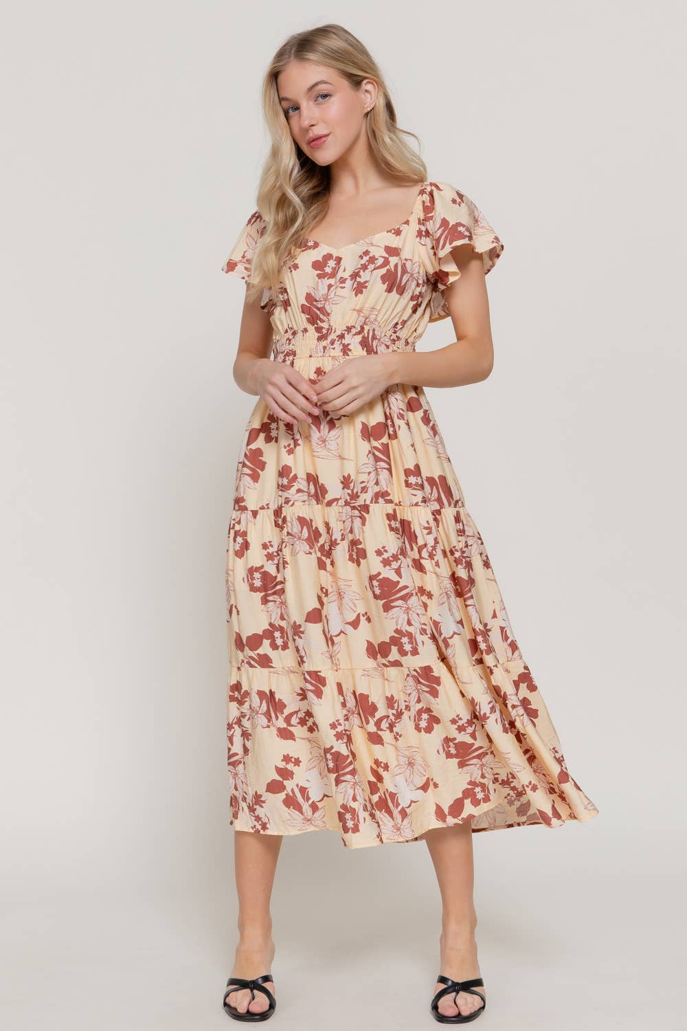 Active USA - Women's Short Flutter Sleeve V-Neck Maxi Printed Dress - D15017