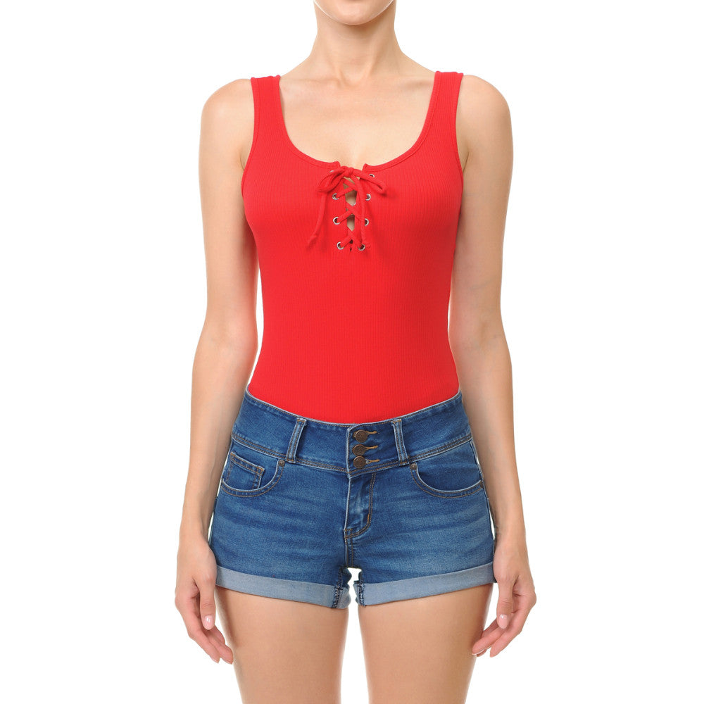 Ambiance - Women's Lace-Up Scoop Neck Bodysuit - 70937