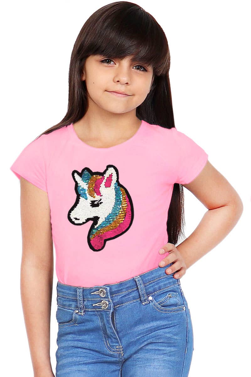Girl's Knit Scoop Neck Tee W/Sequin Unicorn - GKT-16060B-329
