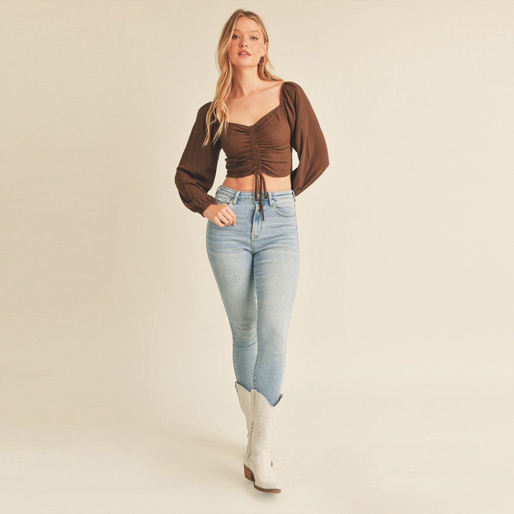 Ambiance - Women's Smocked Back LS Crop Top - 73251