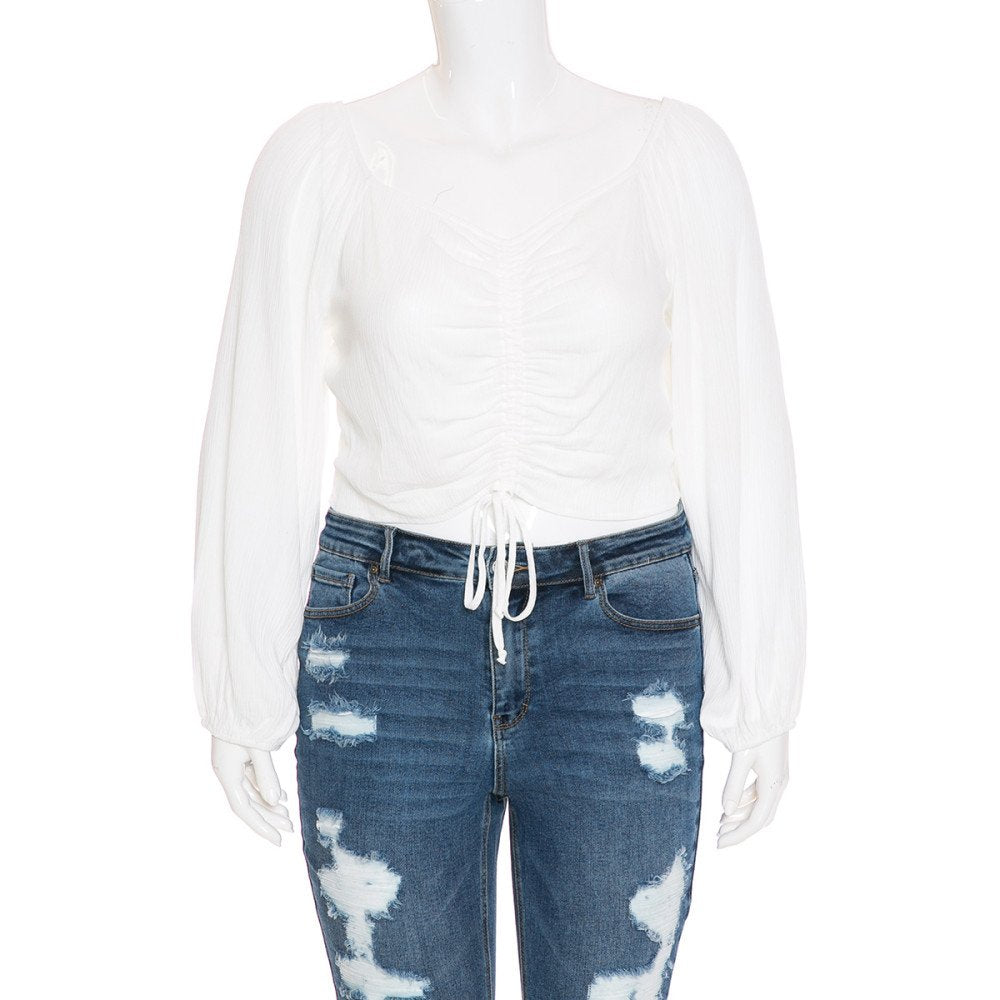 Ambiance - Women's Smocked Back LS Crop Top [Plus Size] - 73251XL