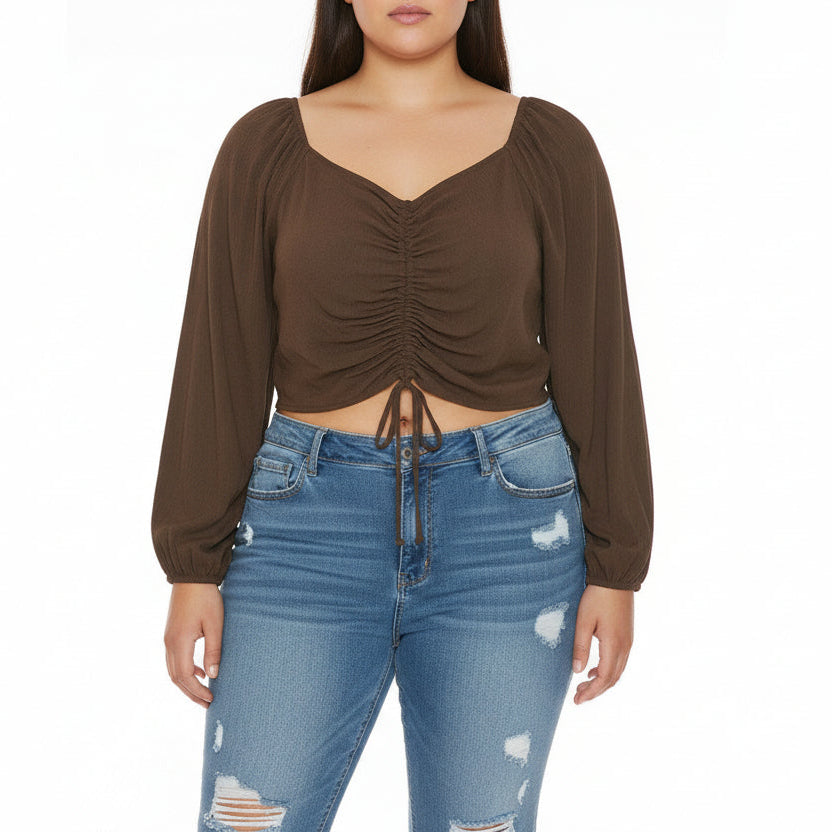 Ambiance - Women's Smocked Back LS Crop Top [Plus Size] - 73251XL