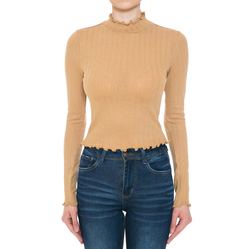 Ambiance - Women's Ribbed Mock Neck L/S Crop Top - 73334