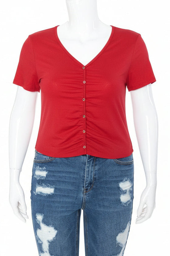 Ambiance - Women's V-Neck Ruch S/S Crop Top - 73386XL