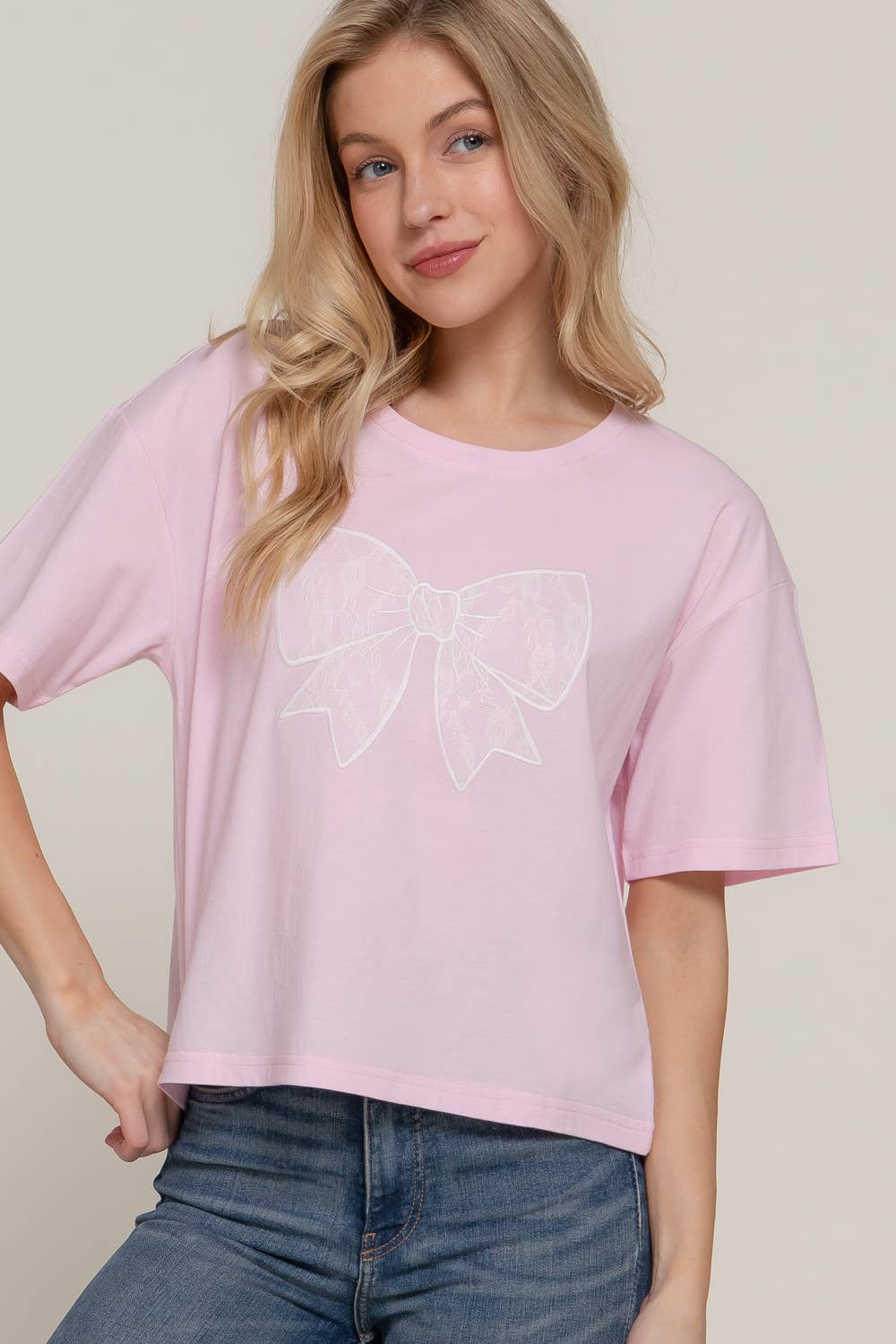 Active USA - Women's Short Sleeve Crew Neck Lace Patch Oversize Cotton Jersey Top - T14465