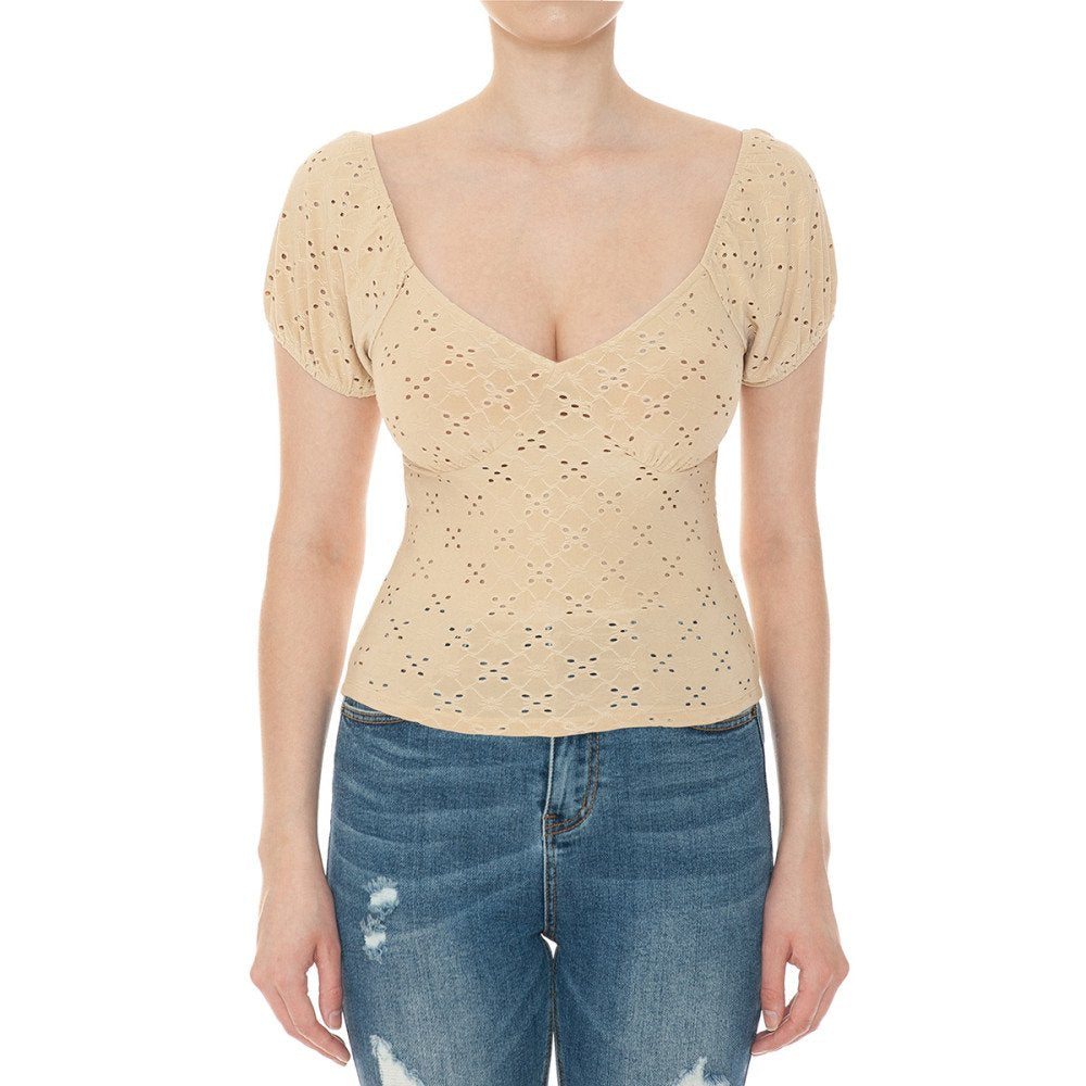 Ambiance - Women's Knit Eyelet Sweetheart Short Puff Sleeve Crop Top - 74028