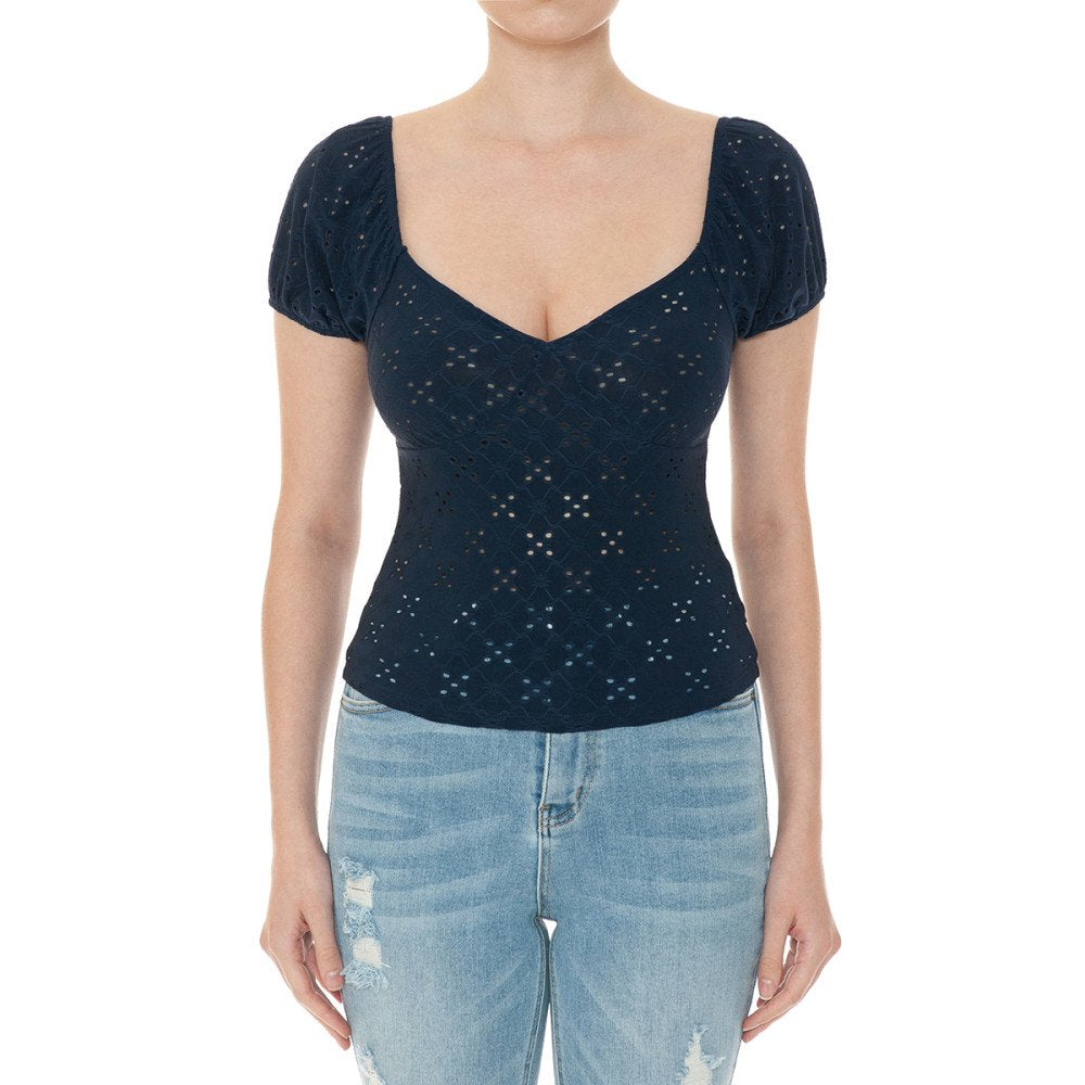 Ambiance - Women's Knit Eyelet Sweetheart Short Puff Sleeve Crop Top - 74028