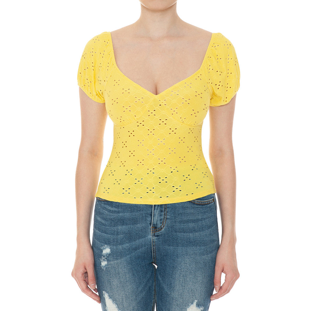 Ambiance - Women's Knit Eyelet Sweetheart Short Puff Sleeve Crop Top - 74028