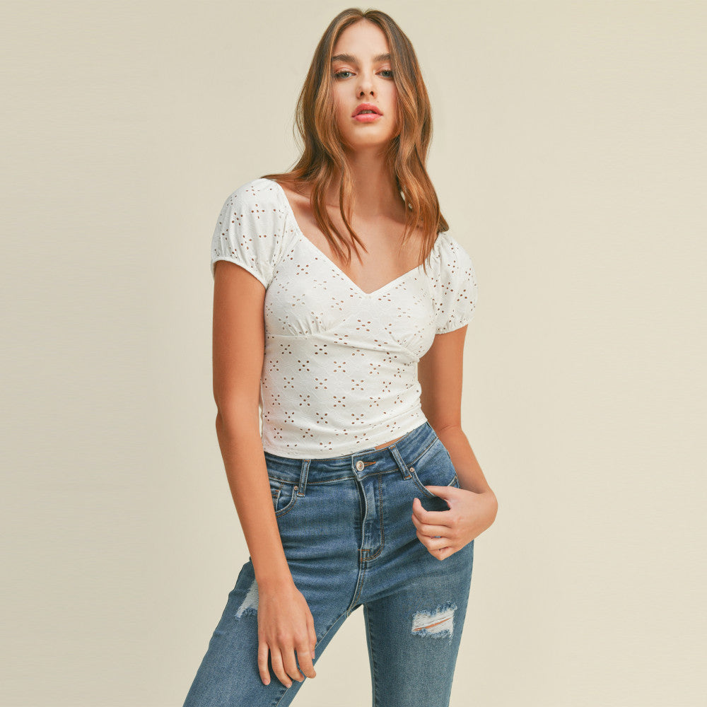 Ambiance - Women's Knit Eyelet Sweetheart Short Puff Sleeve Crop Top - 74028