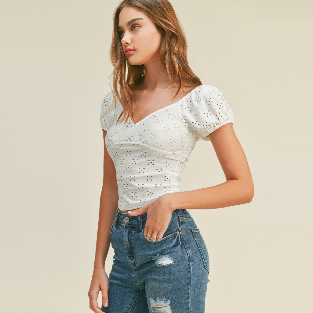 Ambiance - Women's Knit Eyelet Sweetheart Short Puff Sleeve Crop Top - 74028