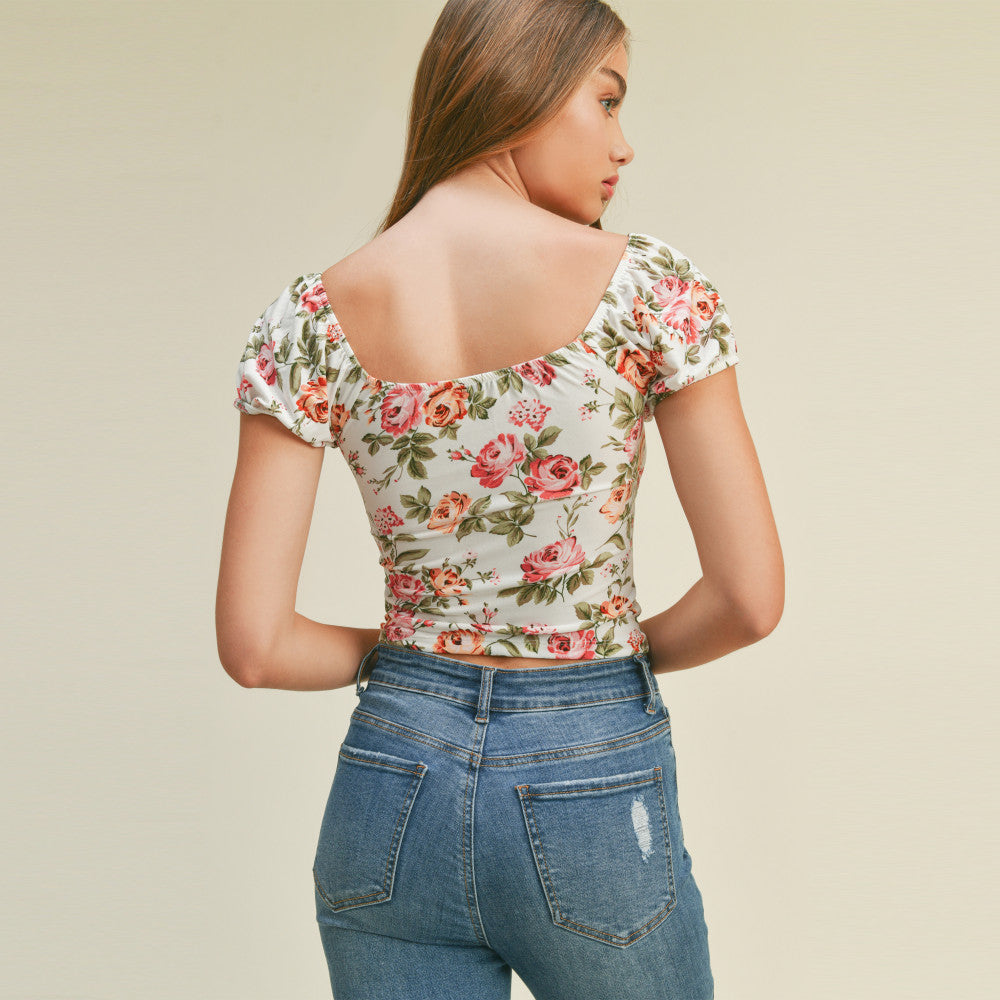 Ambiance - Women's Floral Print Sweatheart Short Sleeve Top - 74183-1