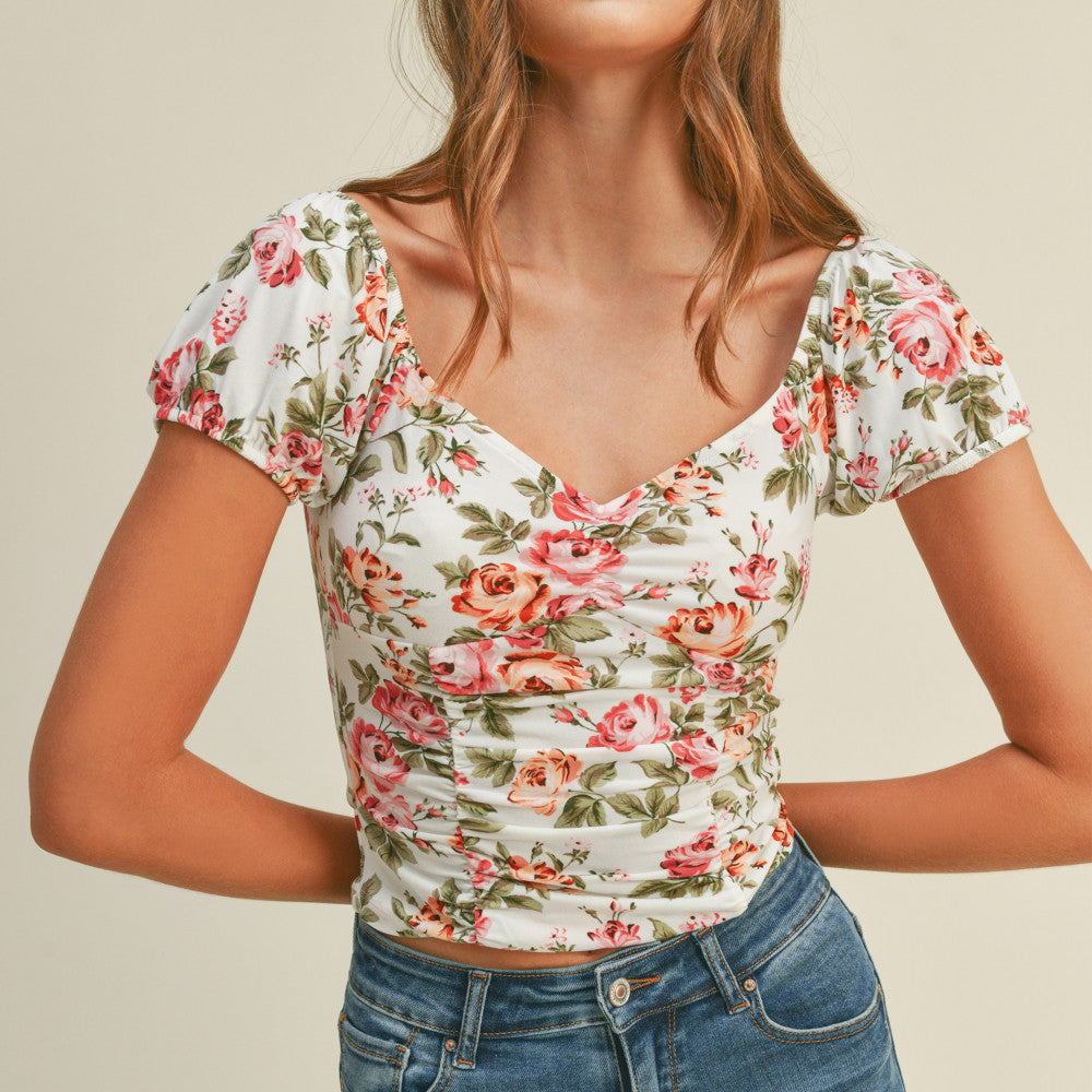 Ambiance - Women's Floral Print Sweatheart Short Sleeve Top - 74183-1