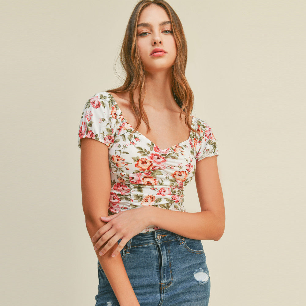 Ambiance - Women's Floral Print Sweatheart Short Sleeve Top - 74183-1