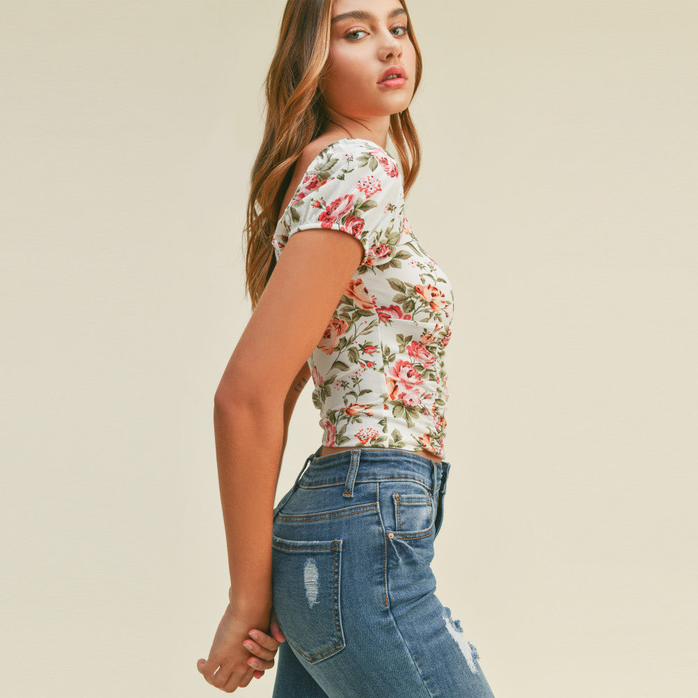 Ambiance - Women's Floral Print Sweatheart Short Sleeve Top - 74183-1