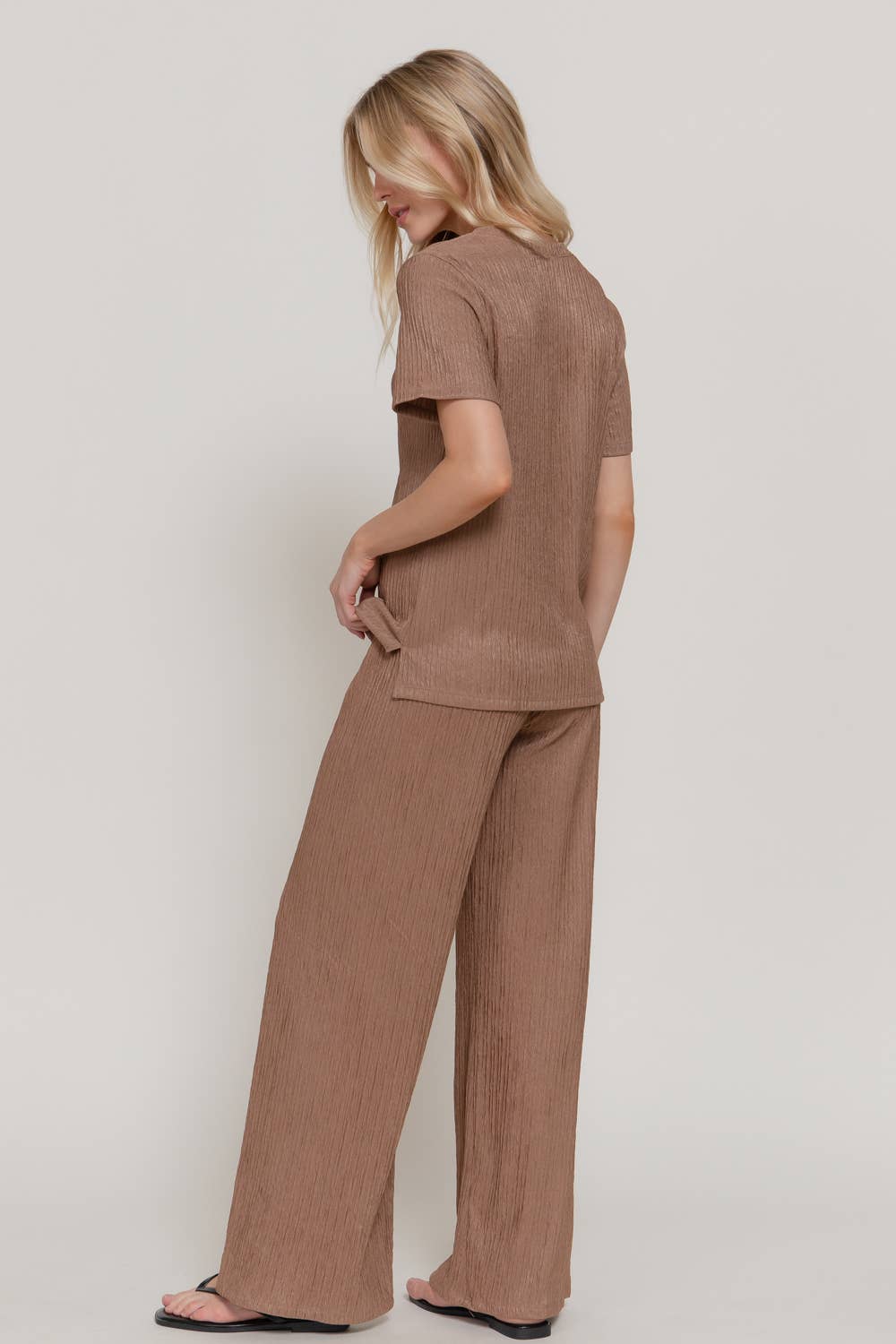 Active USA - Women's Short Sleeve Top & Wide Knit Pants Set - SET14970