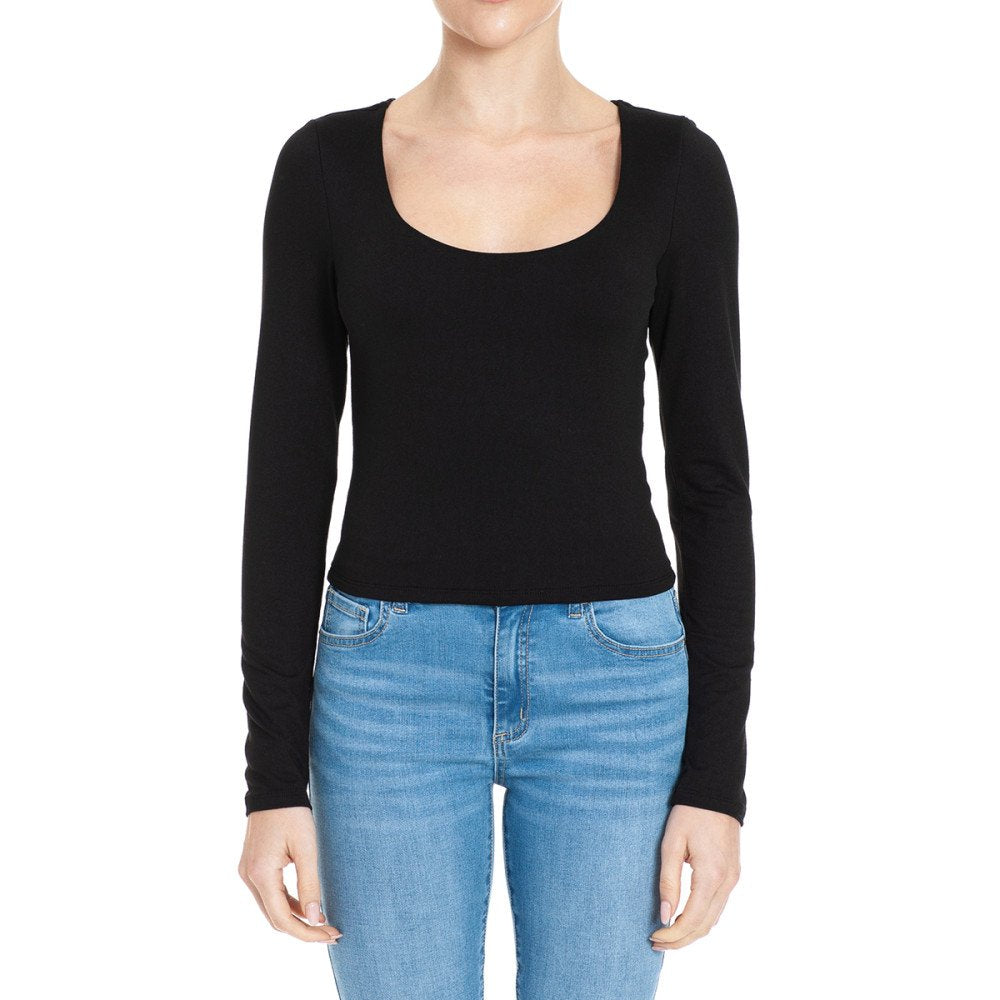 Ambiance - Women's Scoop Neck Double Layer Long Sleeve Crop Top - 75411