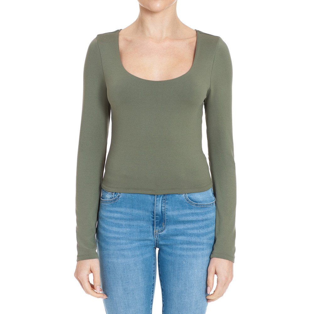 Ambiance - Women's Scoop Neck Double Layer Long Sleeve Crop Top - 75411