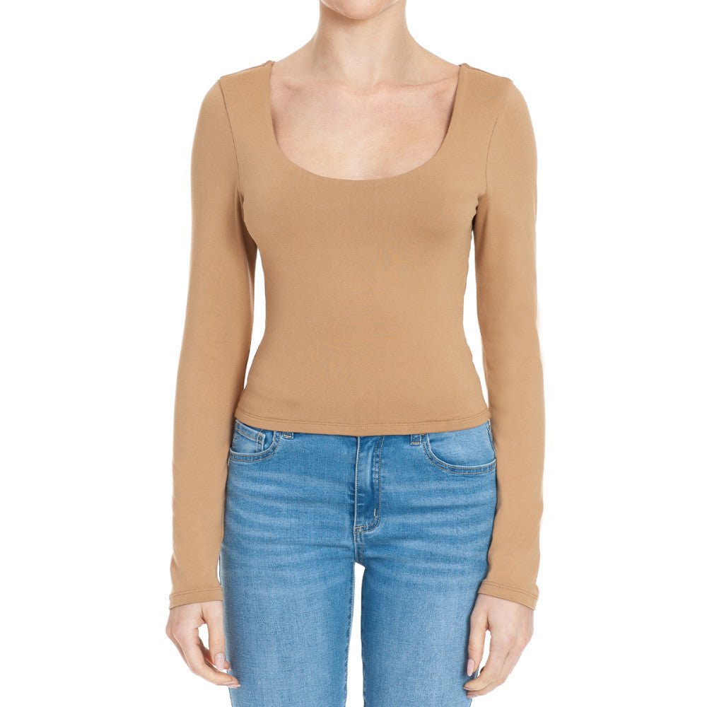 Ambiance - Women's Scoop Neck Double Layer Long Sleeve Crop Top - 75411