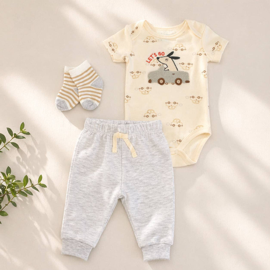 Conjunto de 3 piezas de body, calcetines y pantalones de chenilla con apliques para bebé - B148J103
