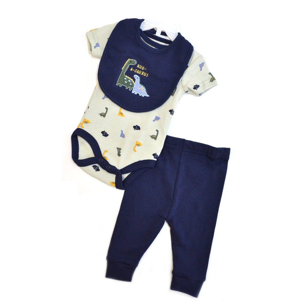 Conjunto de 3 piezas de pantalón, body y babero de dinosaurio para bebé - V145F101