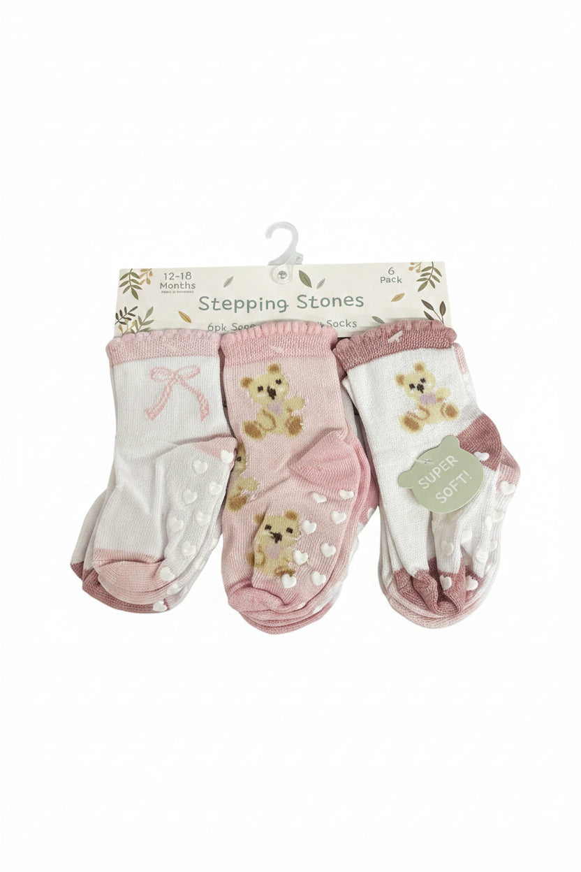 Infant Girl's 6 Pack Socks with Ribbons and Teddy Bear Print - SGXE43988-I
