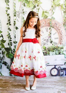 Unik - Vestido de muñeca floral bordado en borgoña para niñas - FD16305
