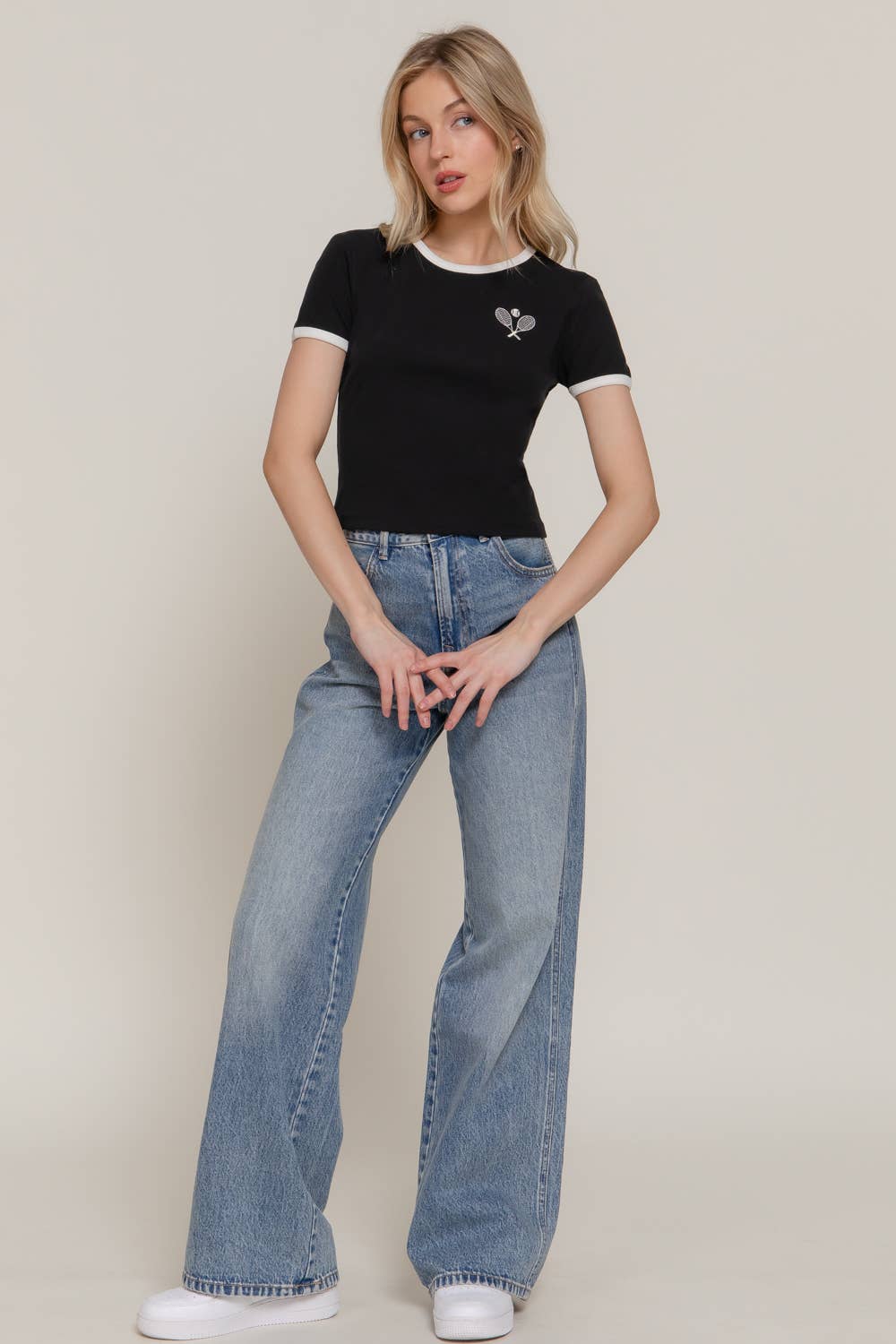 Active USA - Women's Short Sleeve Crew Neck Embroidery Ringer T-shirt - T14440