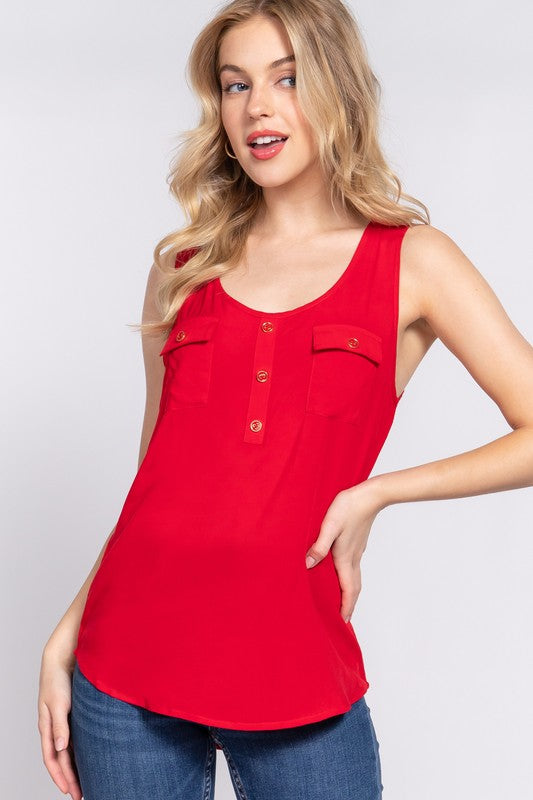 Active USA - Women's Sleeveless Scoop Neck Buttoned Pocket Woven Top - T13395