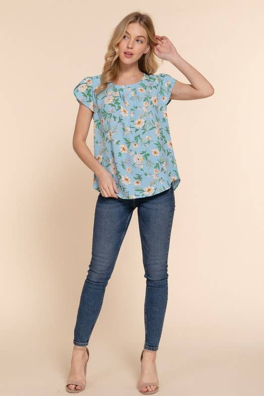 Active USA - Blusa tejida de mujer con estampado floral y manga tulipán corta - T13978