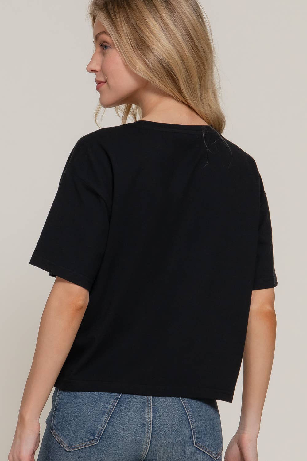 Active USA - Women's Short Sleeve Crew Neck Lace Patch Oversize Cotton Jersey Top - T14465