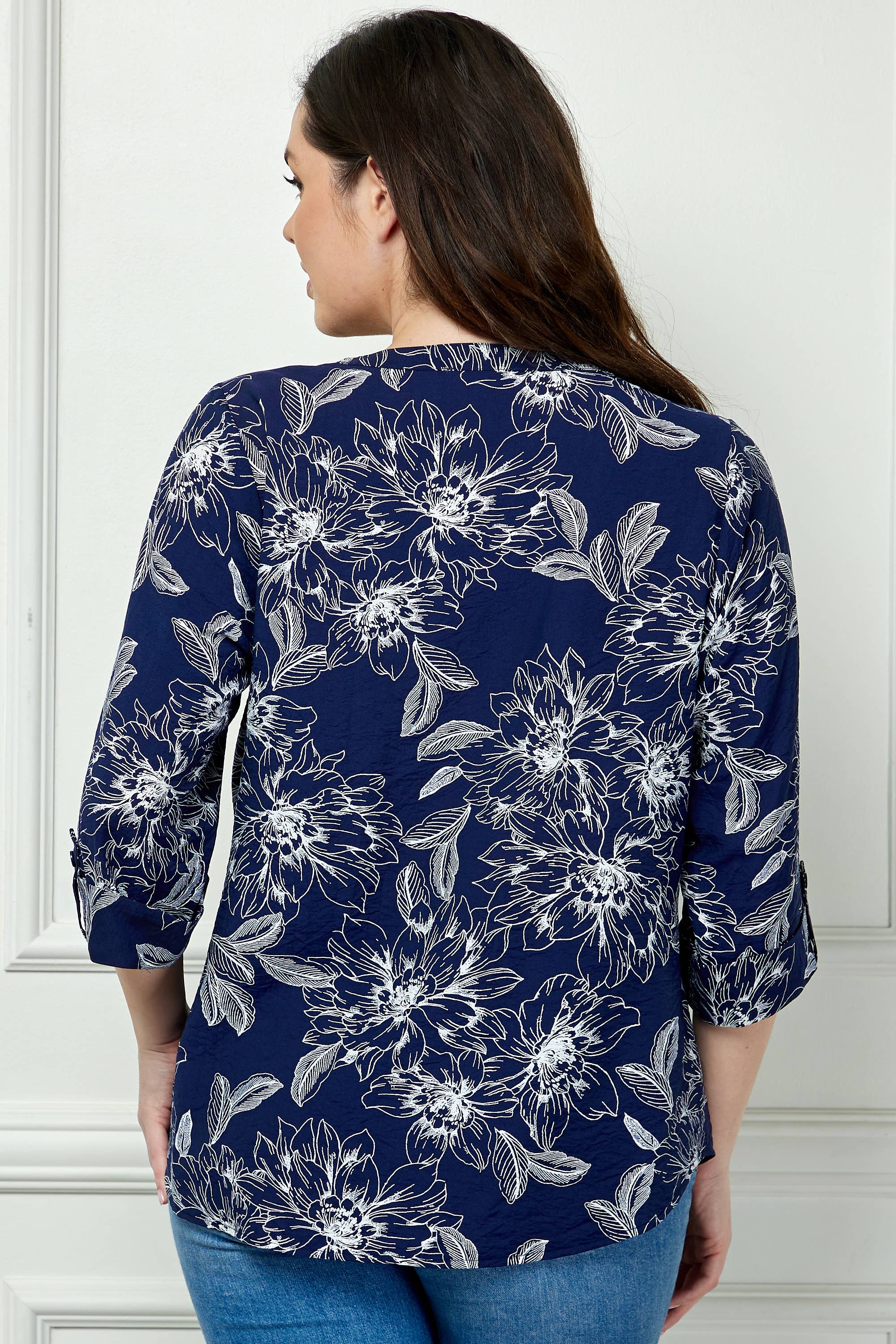 Colección Winslow - Blusa de cuello mandarín con mangas enrollables para mujer [Talla grande] - G946550B13X
