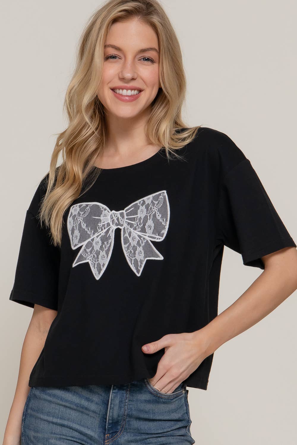 Active USA - Women's Short Sleeve Crew Neck Lace Patch Oversize Cotton Jersey Top - T14465