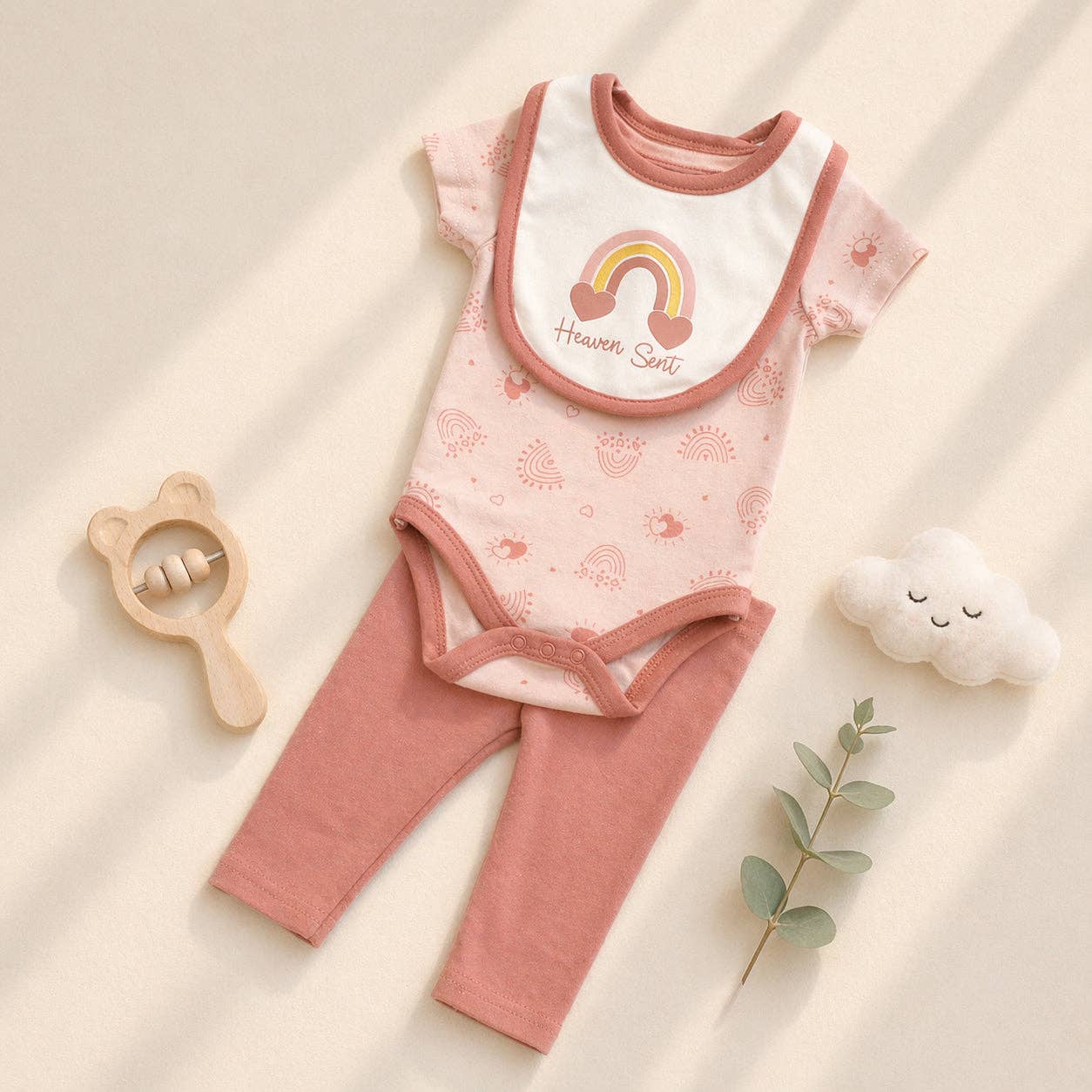 Conjunto de 3 piezas de body, pantalón y babero de arcoíris para bebé Baby Views - V145F201