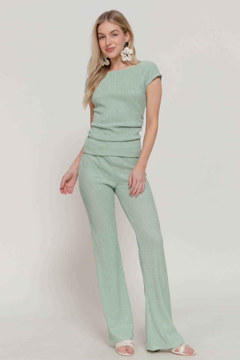 Active USA - Women's Short Dolman Sleeve Top & Flare Long Pants Wavy Crinkle Set - SET14762