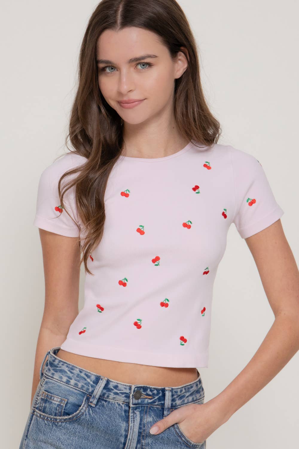 Active USA - Women's Short Sleeve Crew Neck Cherry Embroidery Detail Seamless Top - T15245