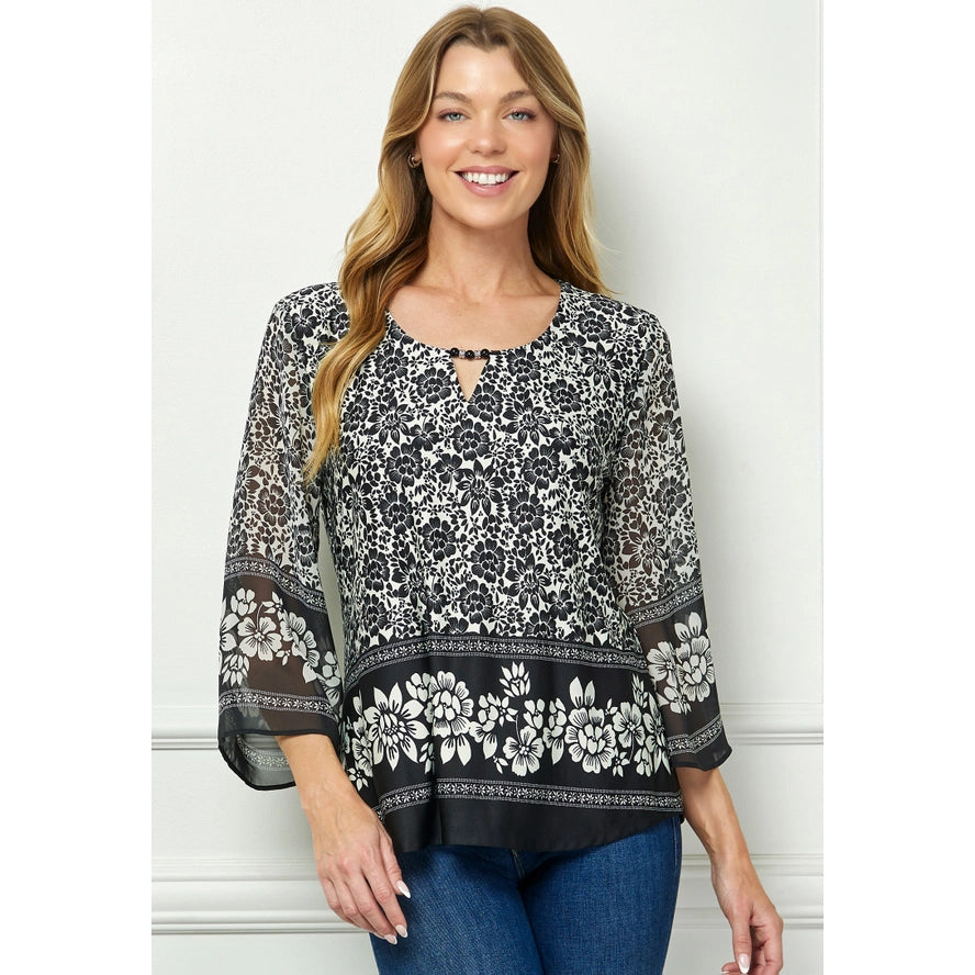 Colección Winslow - Blusa de punto con cuello redondo calado con estampado de flores vintage para mujer - G516401M68