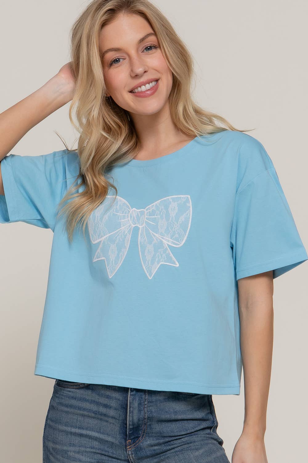 Active USA - Women's Short Sleeve Crew Neck Lace Patch Oversize Cotton Jersey Top - T14465