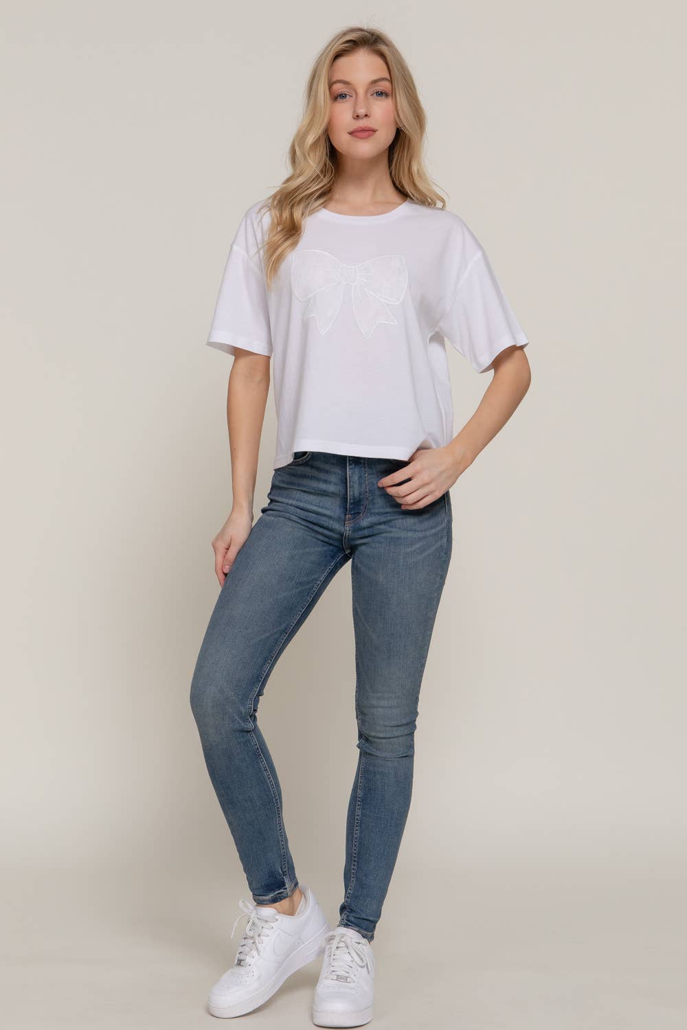 Active USA - Women's Short Sleeve Crew Neck Lace Patch Oversize Cotton Jersey Top - T14465
