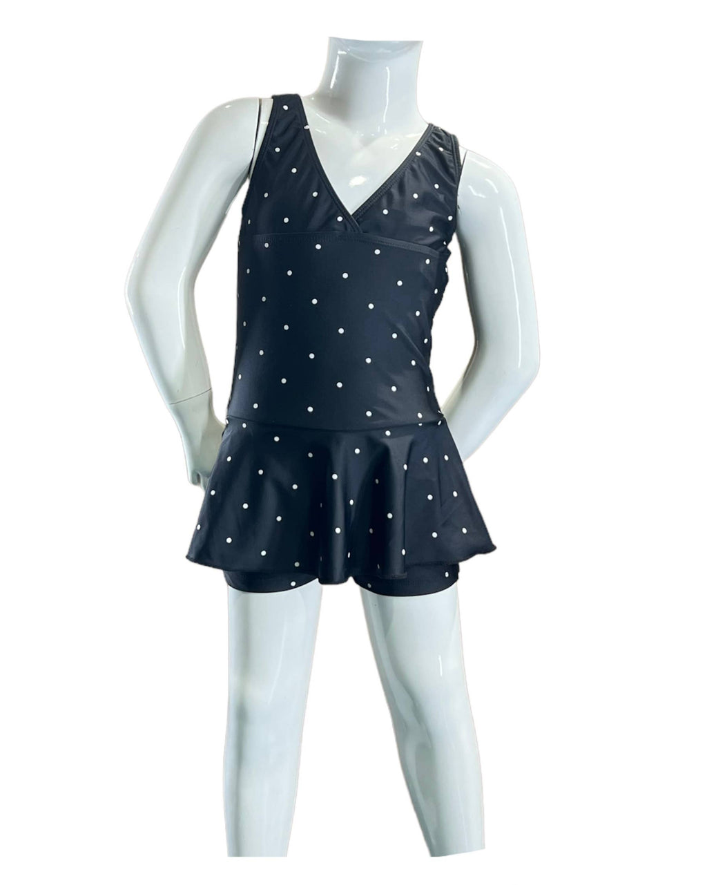 Girls Swim dress 1pc w/boy short under the skirt - Blk/Wht Dot - K4723