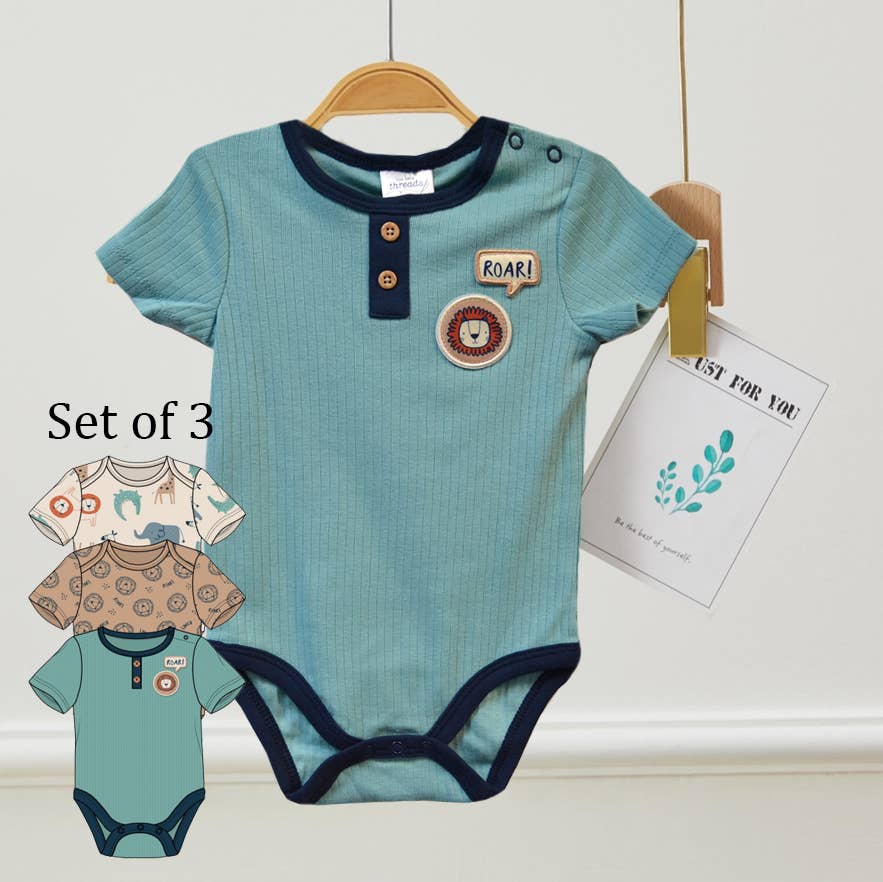 Pack of 3 100% Cotton Baby Roar Lion Twill Patches Bodysuits