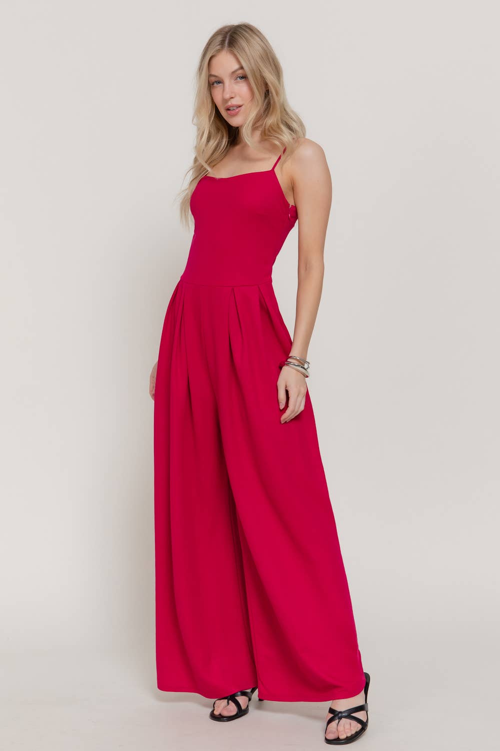 Active USA - Women's Cami Straight Neckline Pleated Jumpsuit - P15320