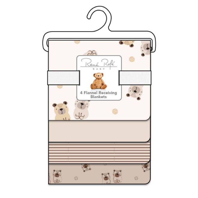 100% Cotton Rene Rofe 4-Pack Flannel Receiving Baby Blankets