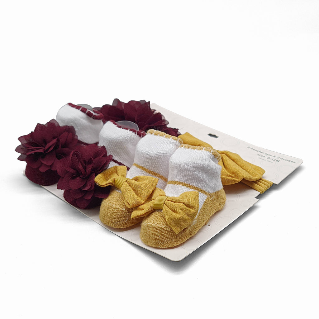 Baby Headwraps & Bootie Socks Set – Burgundy & Mustard - W991215