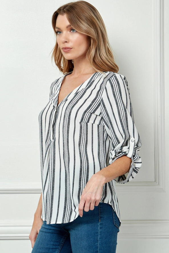 Colección Winslow - Blusa de Mujer con Rayas, Escote en V y Mangas con Botón - G943145G76
