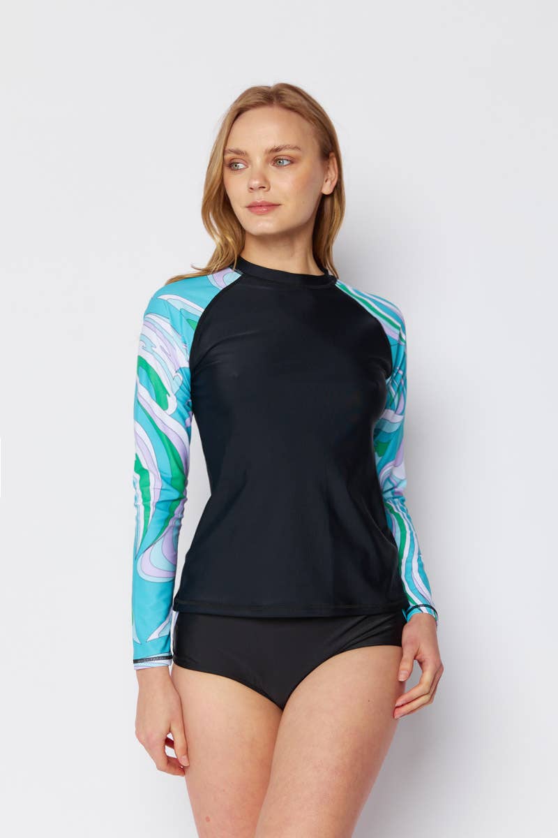 Women's Long Sleeve Rashguard, Highwaisted bottom 2 Pcs - SGBLK - R5704