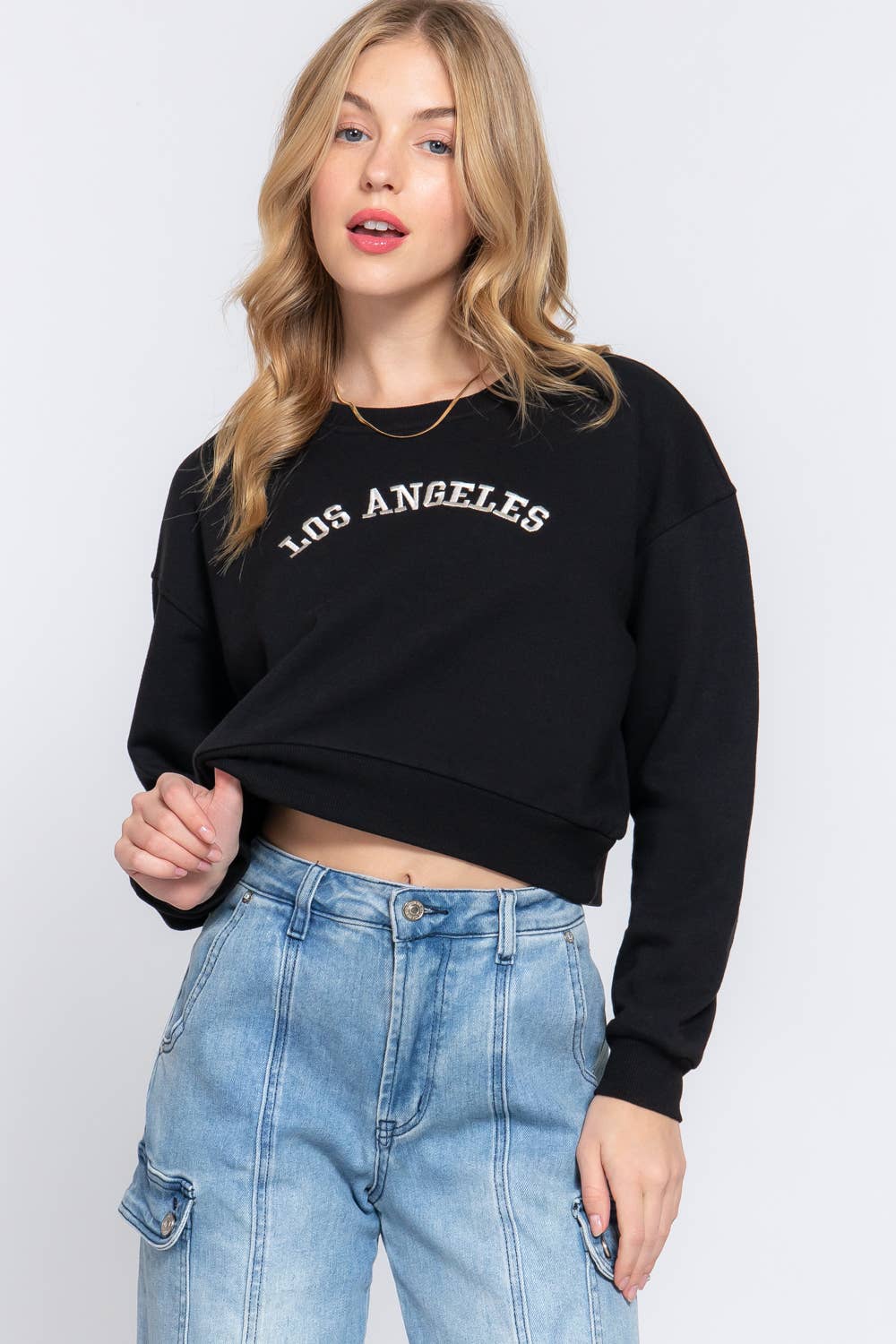 Active USA - Women's Long Dolman Sleeve Crew Neck Embroidery Crop Sweatshirt - T13931