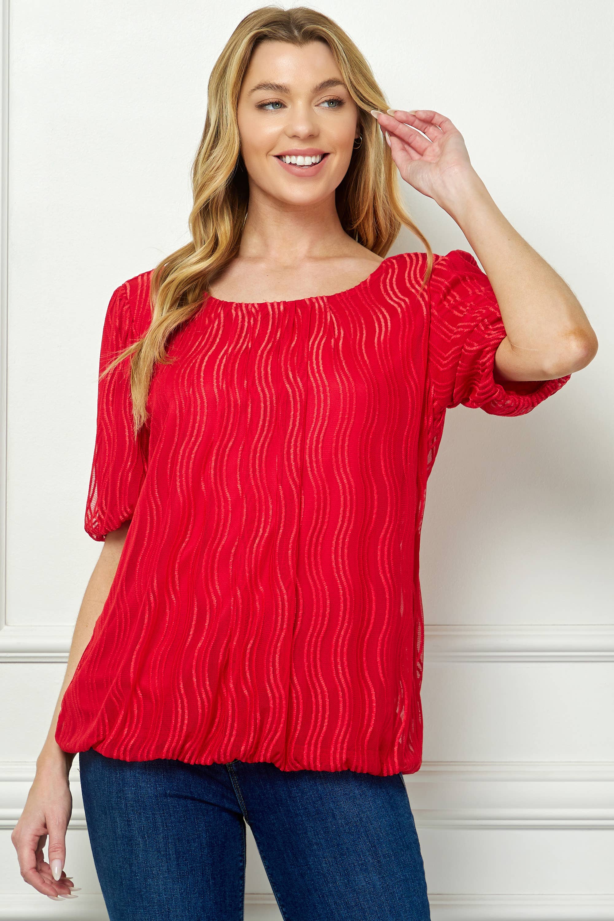 Winslow Collection - Women’s Wave Cord Mesh Bubble Sleeve Pleats Top - G52984T44