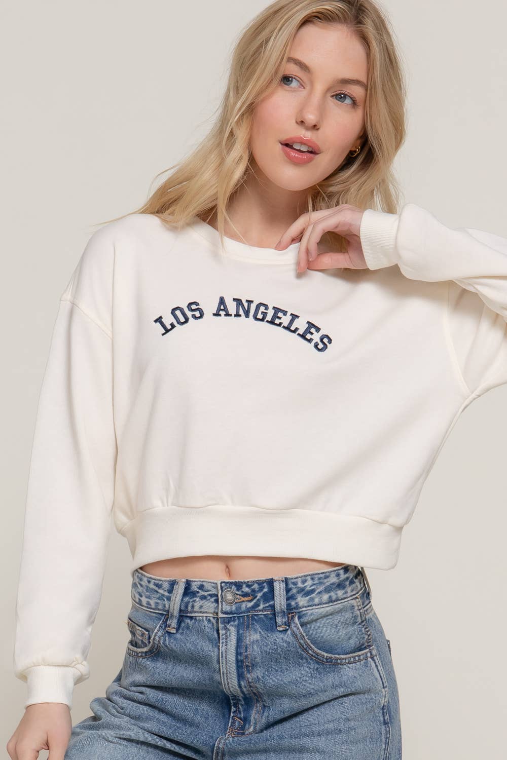 Active USA - Women's Long Dolman Sleeve Crew Neck Embroidery Crop Sweatshirt - T13931