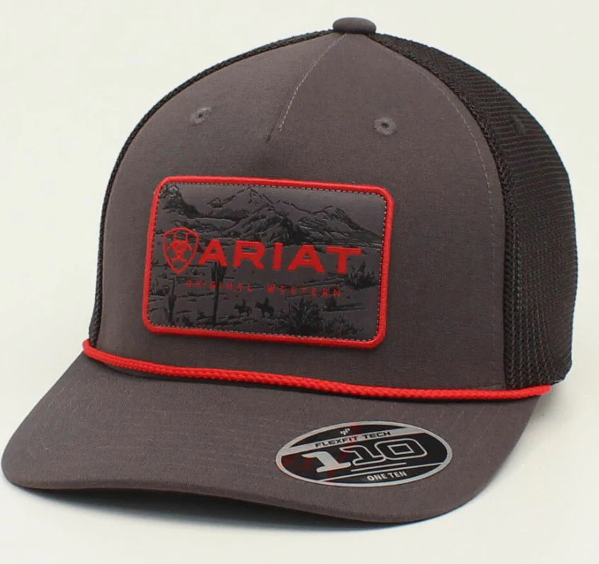 Ariat - Mens Hat Baseball Cap Logo Patch Red Rope Snap Mesh Back Grey - A300018206