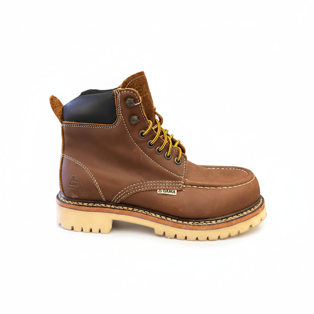 Brown leather boot with yellow laces 